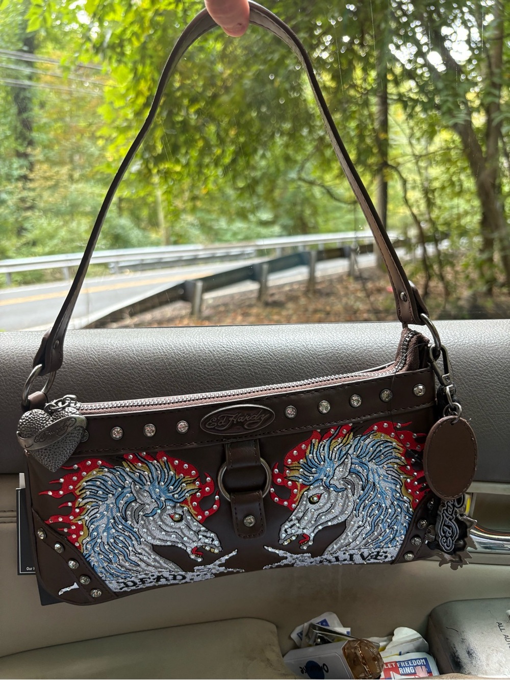 Ed Hardy Brown faux Leather Shoulder Bag with rhinestone Horse Design